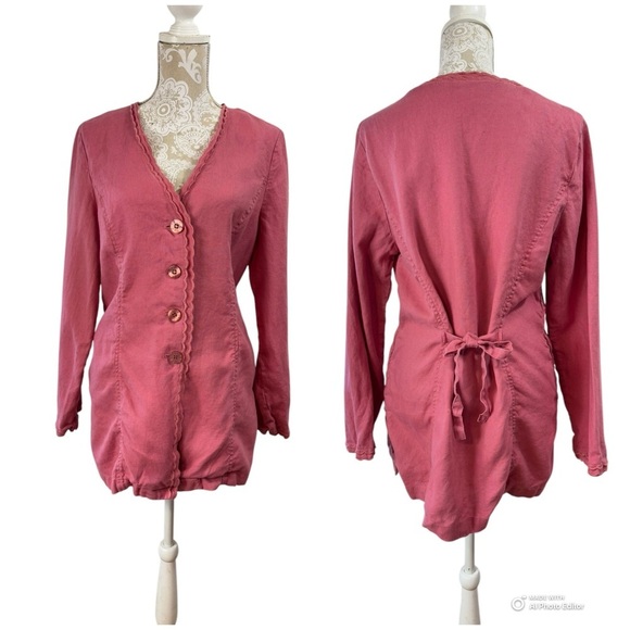 Vintage J Jill Size Medium Pink Thick Linen Button Jacket V-Neck Scalloped Trim - Picture 1 of 8